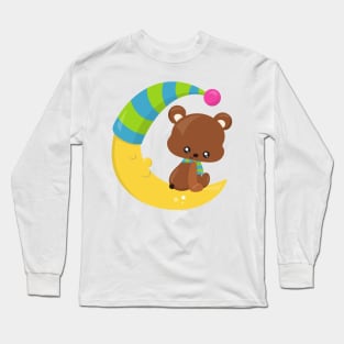 Cute Bear, Bear On The Moon, Bear With Scarf Long Sleeve T-Shirt